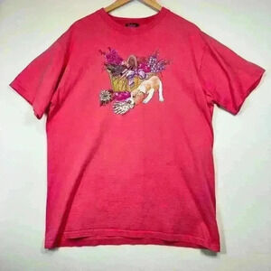 VINTAGE 90s Y2K Dog Gardening Screenprint Top Hot Pink Casual T-Shirt Women Lg